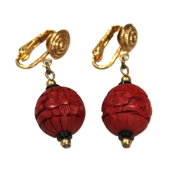 CHINESE EXPORT CINNABAR DANGLE EARRINGS - Picture 1 of 2